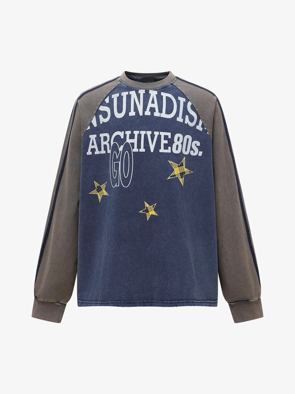 Washed Raglan Long Sleeve Shirt with Varsity Print – Navy/Brown, front view | XoKool