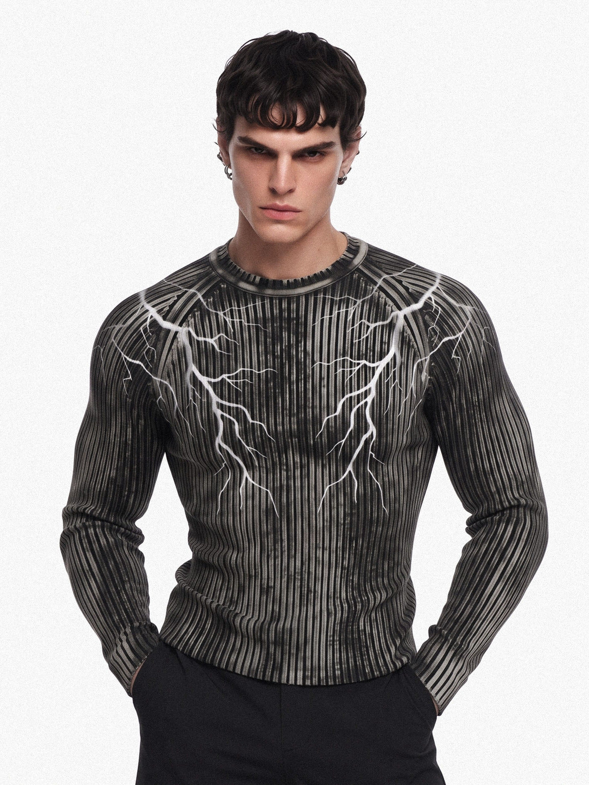 Washed Ribbed Lightning Bolt Knit Sweater – on model, front | XoKool