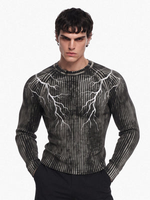Washed Ribbed Lightning Bolt Knit Sweater – on model, front | XoKool