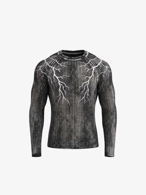 Washed Ribbed Lightning Bolt Knit Sweater – Washed Black, front view | XoKool