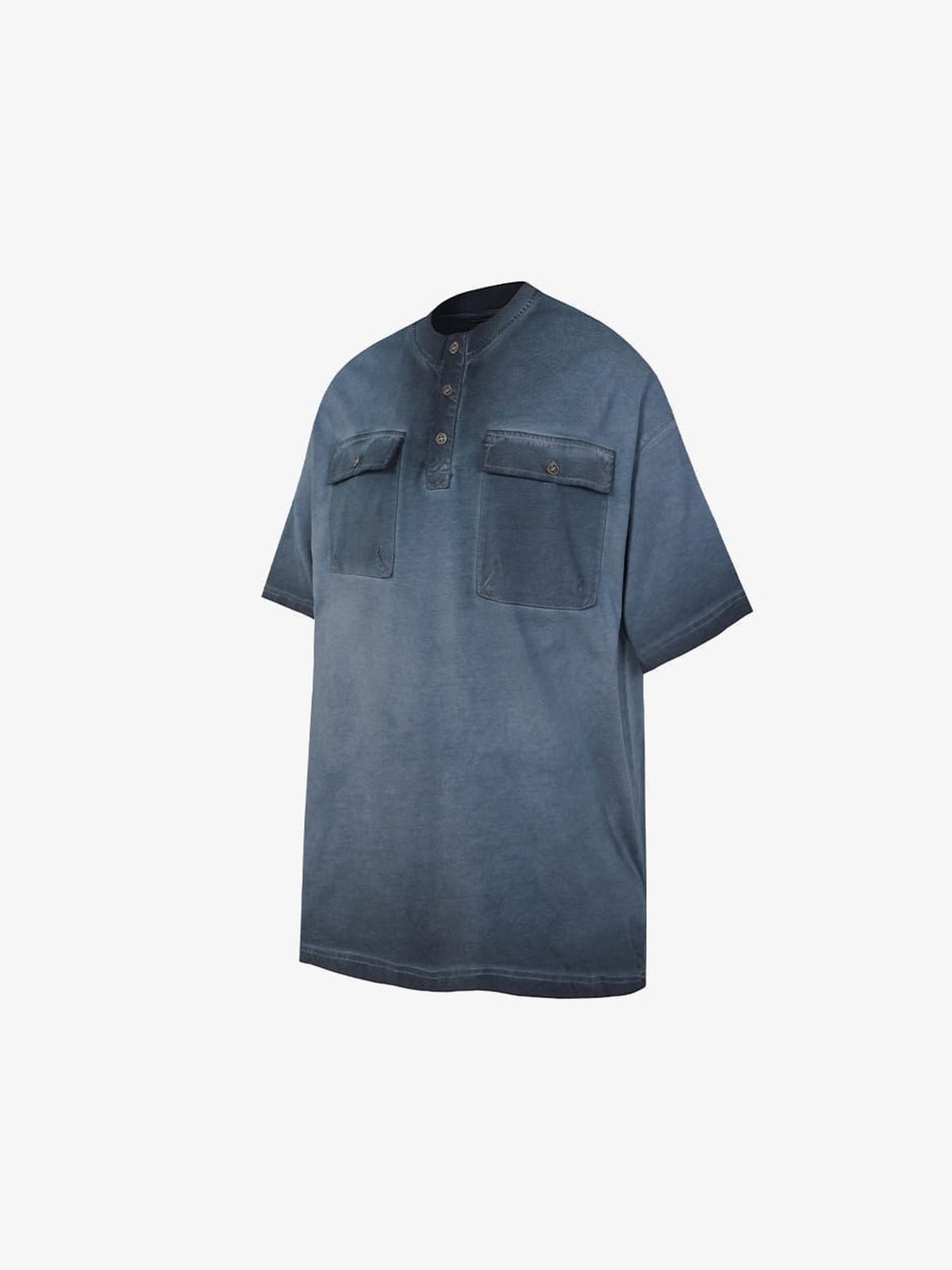 Camiseta henley con efecto lavado – azul, frente en ángulo | XoKool