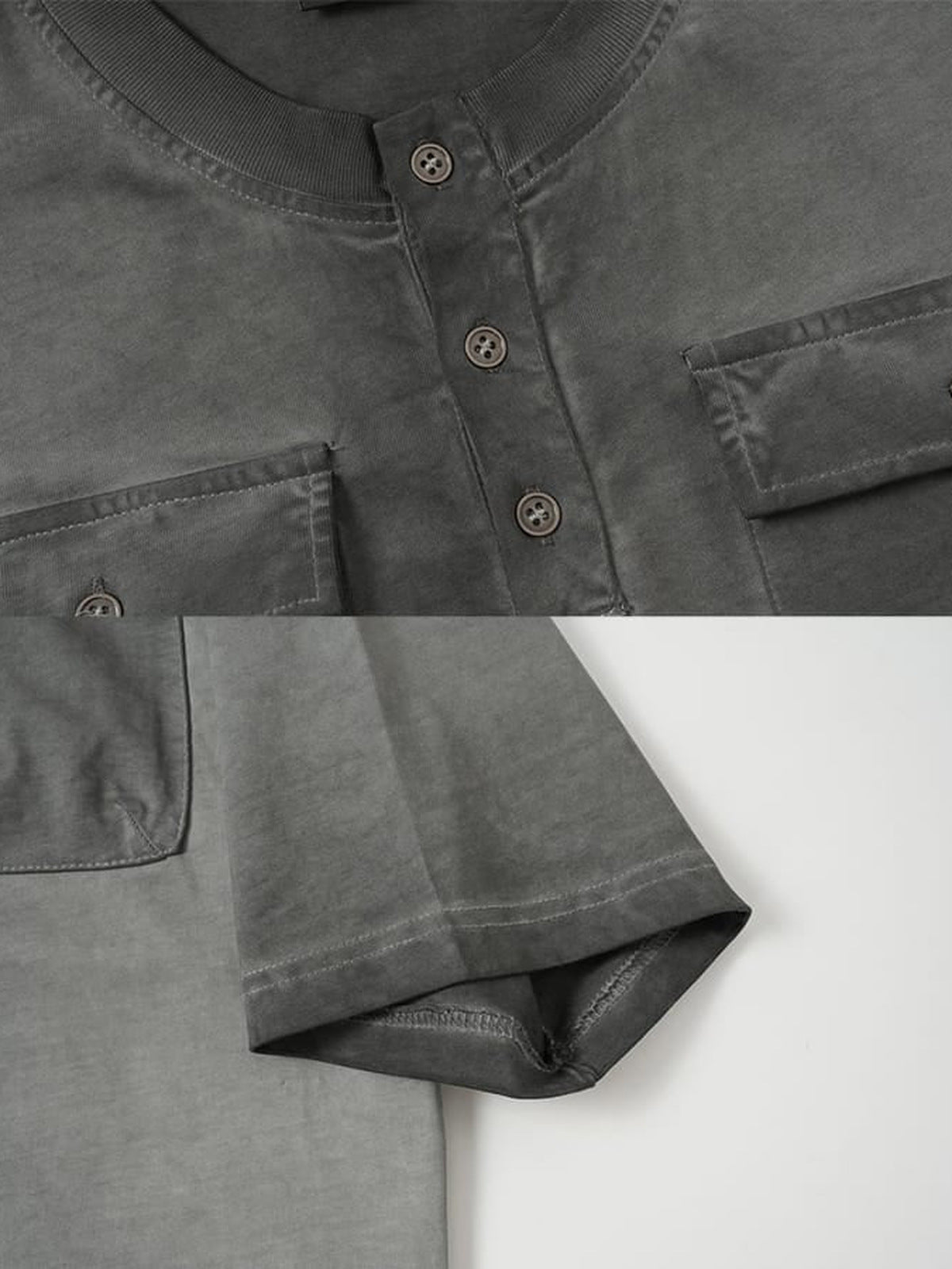 Camiseta henley con efecto lavado – gris, detalle de la tapeta y el bajo | XoKool