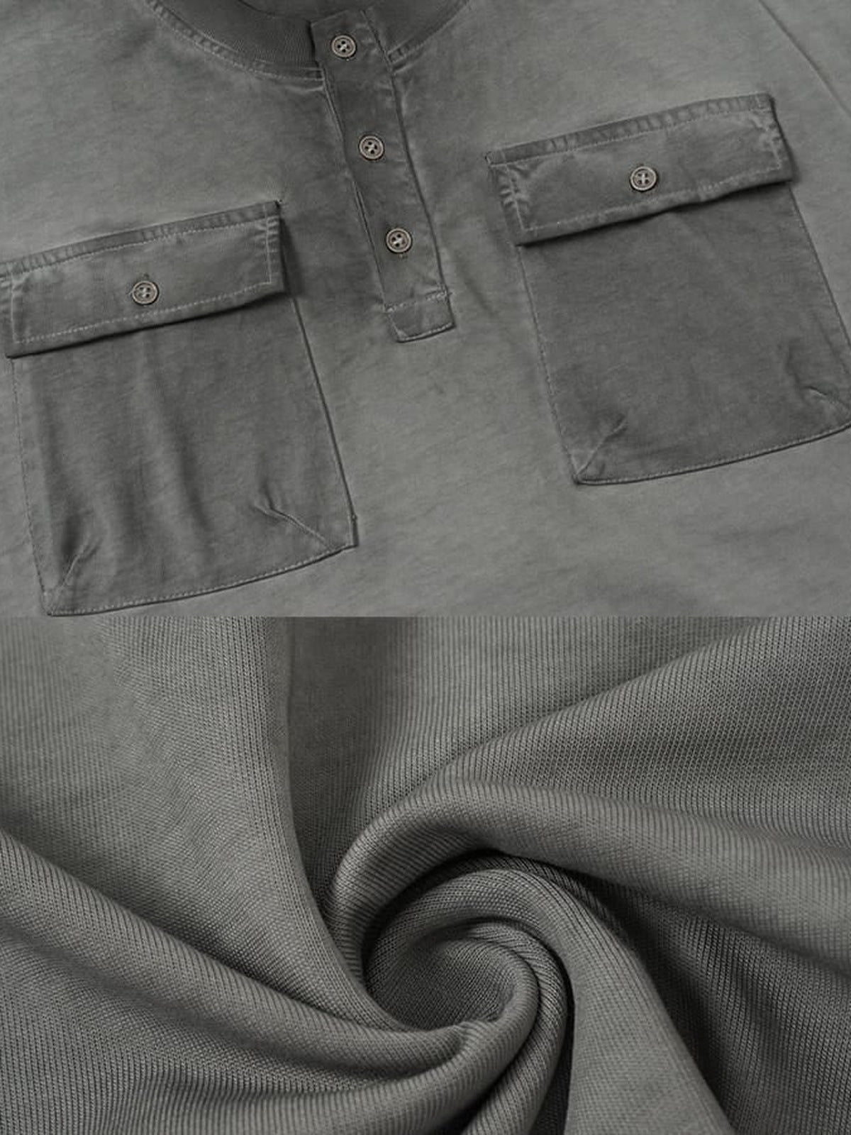 Camiseta henley con efecto lavado – gris, detalle de los bolsillos y la tela | XoKool