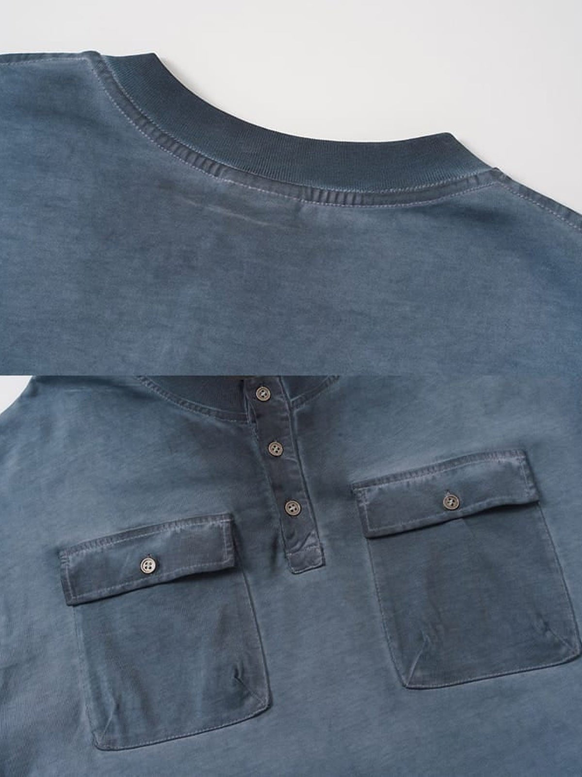 Camiseta henley con efecto lavado – detalle del escote y los bolsillos | XoKool