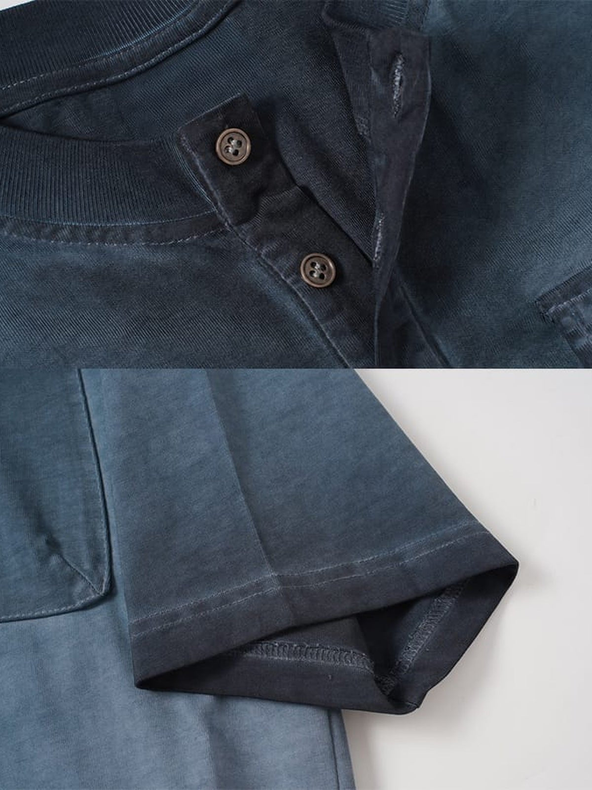 Camiseta henley con efecto lavado – detalle de la tapeta y el bajo de la manga | XoKool