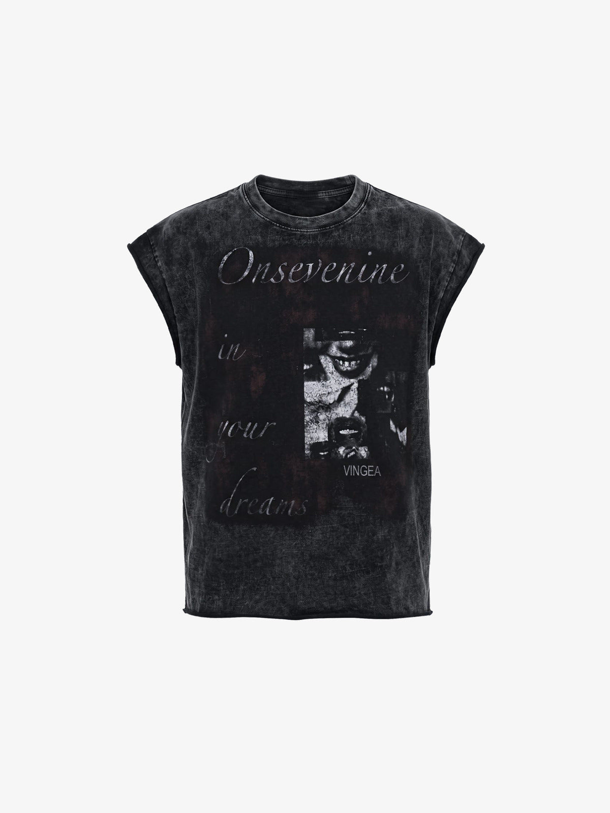 Washed ärmelloses Graphic T-Shirt mit Portrait-Print – Schwarz, Vorderseite flach | XoKool