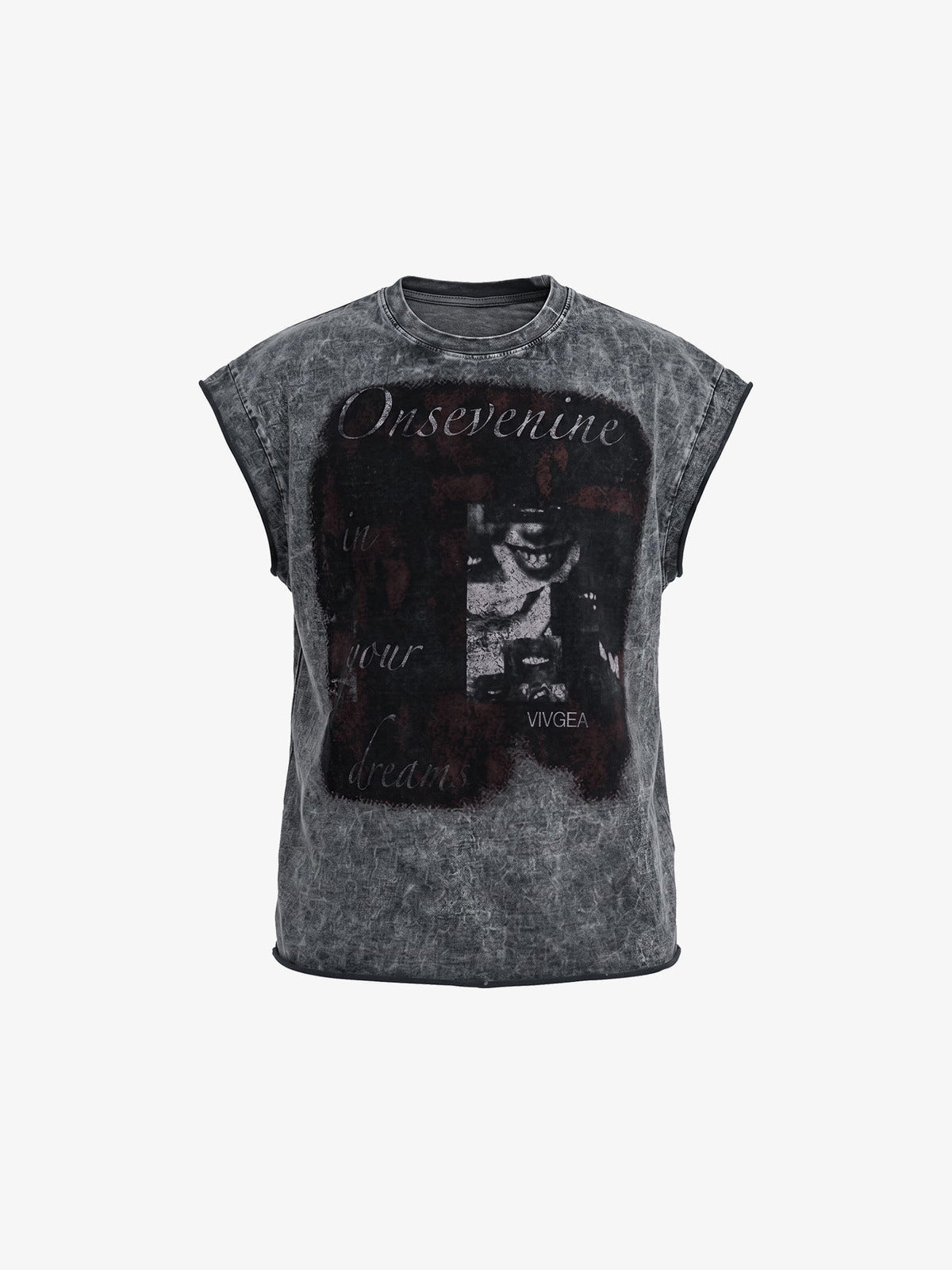 Washed ärmelloses Graphic T-Shirt mit Portrait-Print – Grau, Vorderseite flach | XoKool
