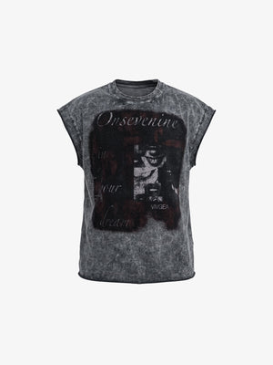Washed ärmelloses Graphic T-Shirt mit Portrait-Print – Grau, Vorderseite flach | XoKool