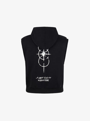Washed Sleeveless Zip Up Hoodie with Embroidery – Black, back view | XoKool