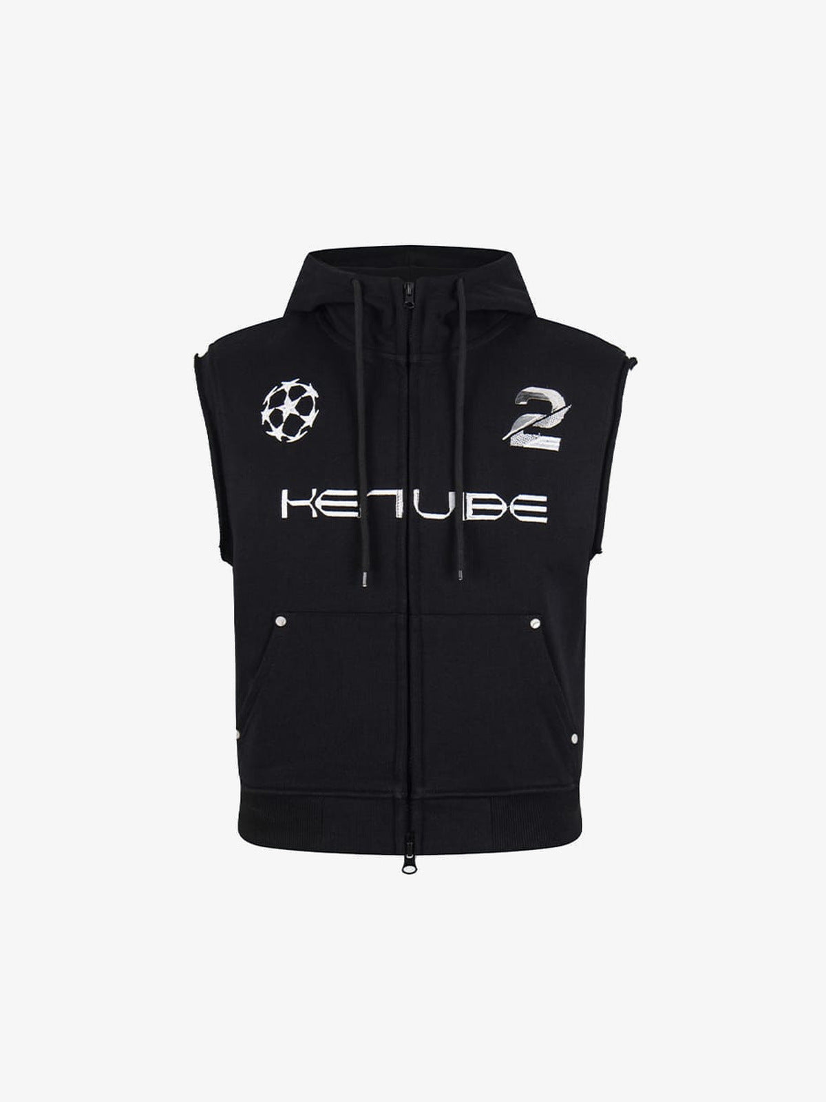 Washed ärmelloser Zip Hoodie mit Stickerei – Schwarz, Vorderansicht | XoKool