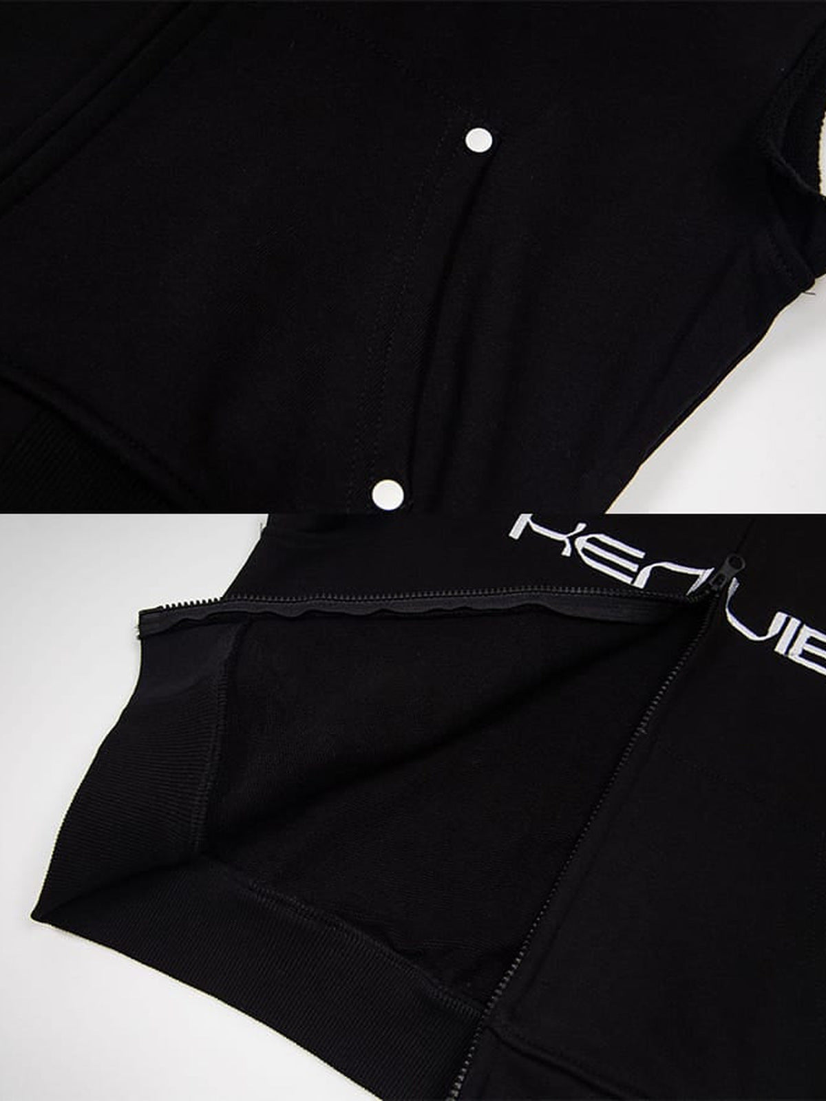 Sleeveless hoodie – Black, snap and pocket close-up | XoKool