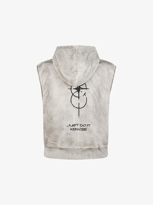 Washed Sleeveless Zip Up Hoodie with Embroidery – Washed ivory, back view | XoKool