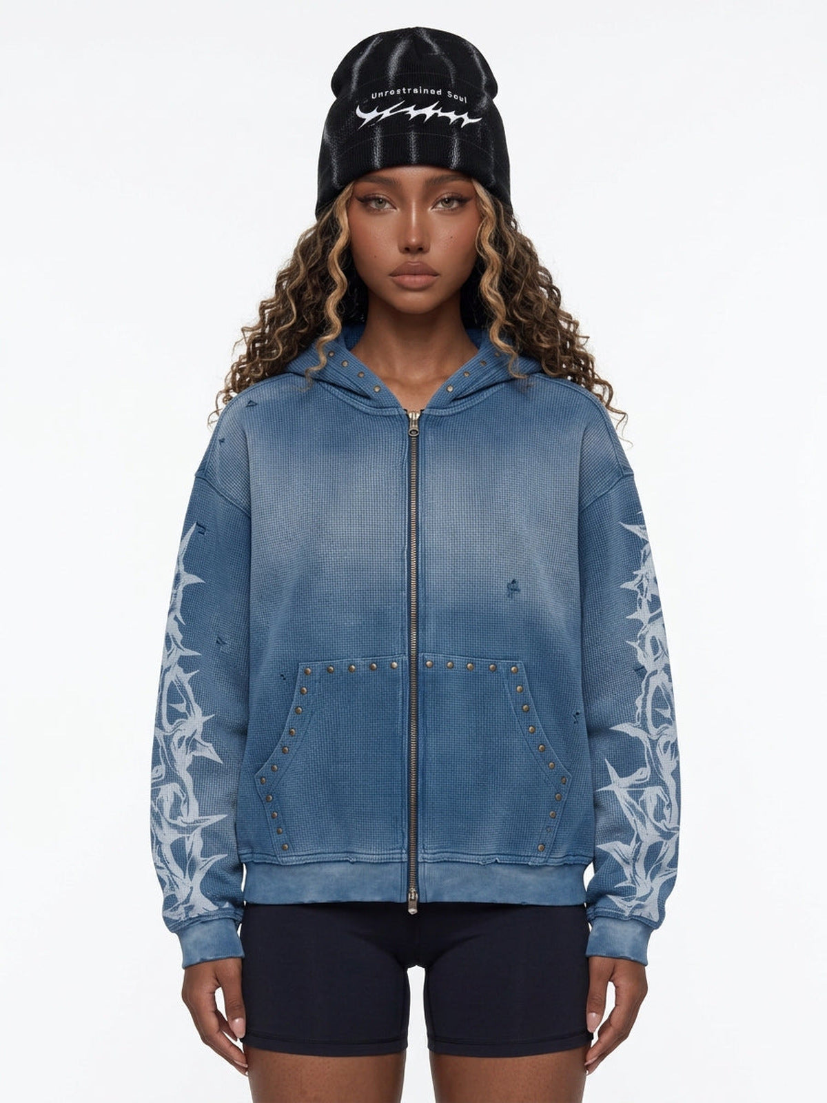 Thorn zip up hoodie – Blue, on female model, front | XoKool