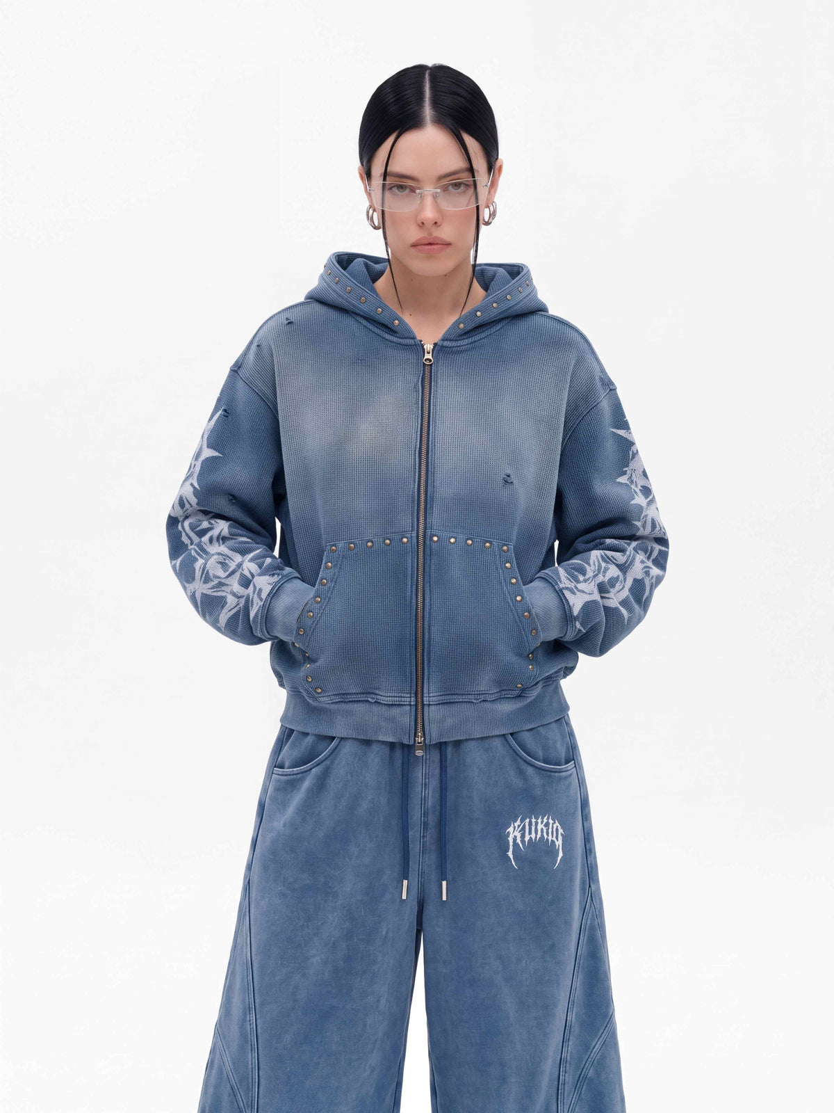 Washed Thorn Print Studded Zip Up Hoodie – Blue, on female model, front | XoKool