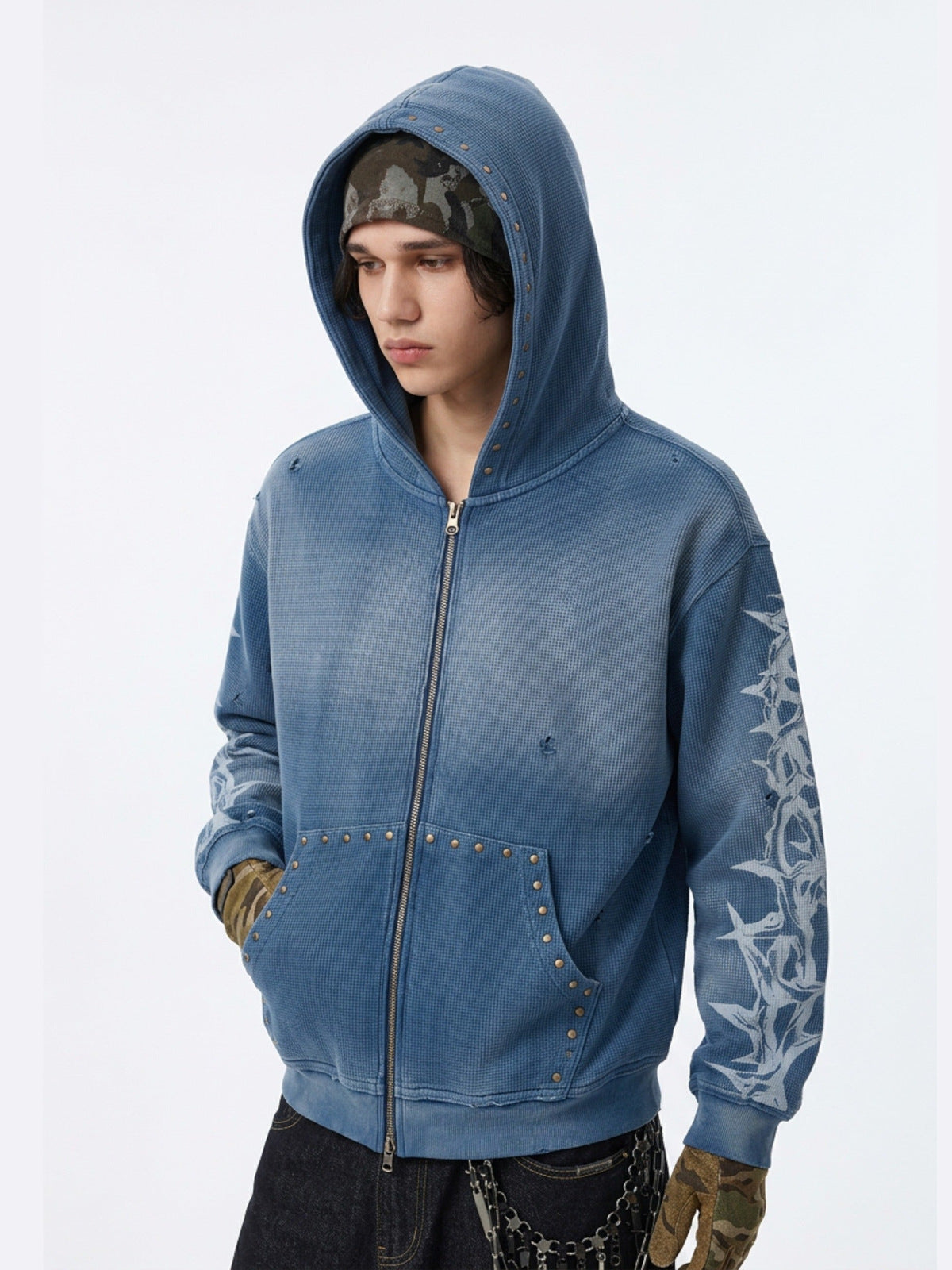 Washed Thorn Print Studded Zip Up Hoodie – Blue, on model, hood up | XoKool