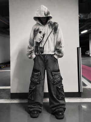 Jeans cargo de pierna ancha con efecto lavado y bolsillos de fuelle – foto urbana, frente | XoKool