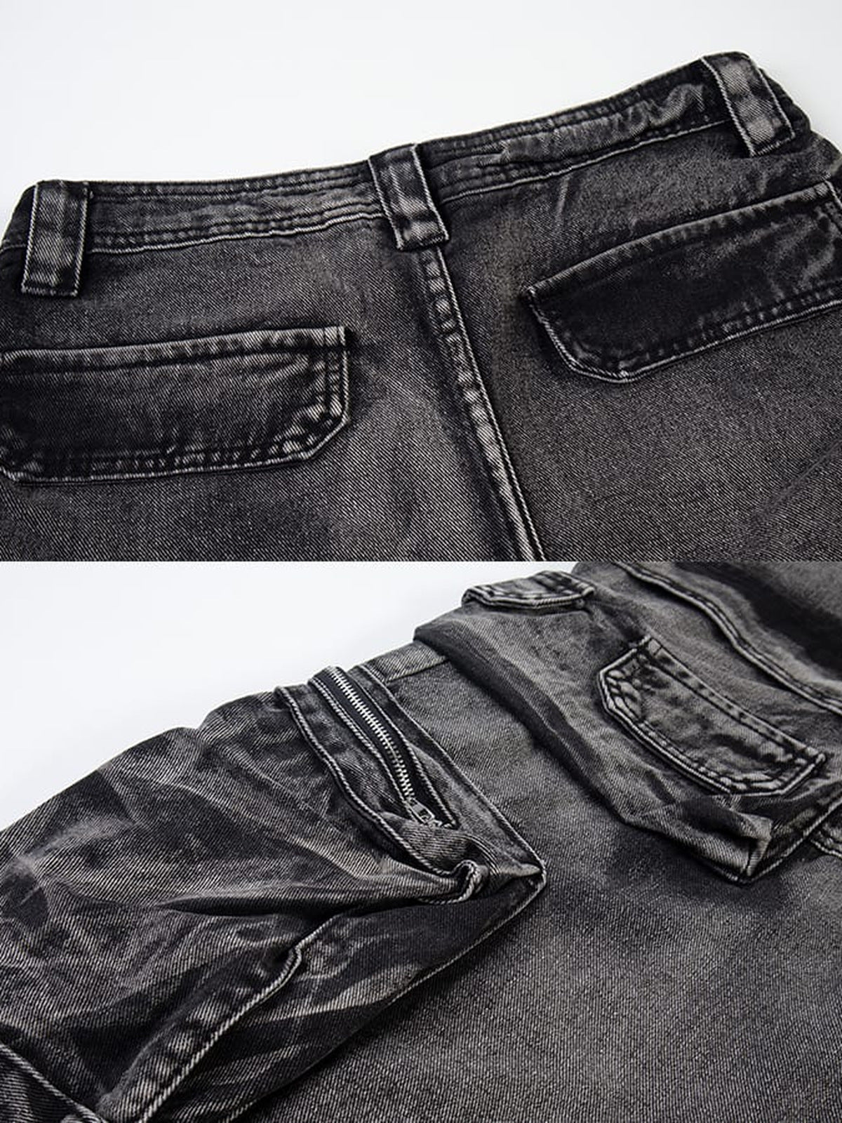 Jeans cargo de pierna ancha – Negro lavado, detalle de espalda y bolsillo cargo | XoKool