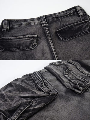 Jeans cargo de pierna ancha – Negro lavado, detalle de espalda y bolsillo cargo | XoKool