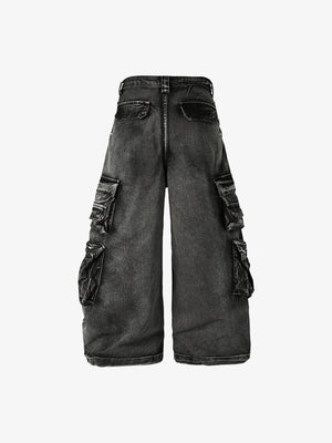 Jeans cargo de pierna ancha – negro lavado, parte trasera en plano | XoKool