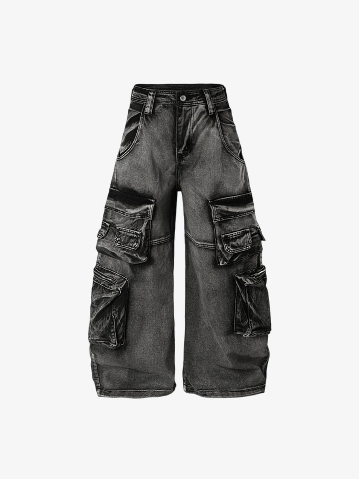 Jeans cargo de pierna ancha con efecto lavado y bolsillos de fuelle – Negro lavado, frente en plano | XoKool