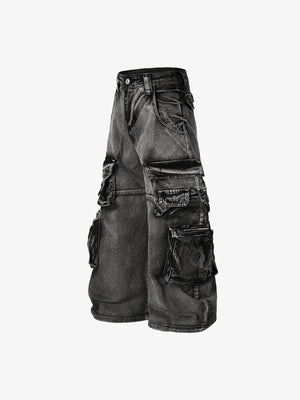 Jeans cargo de pierna ancha – Negro lavado, lateral en plano | XoKool