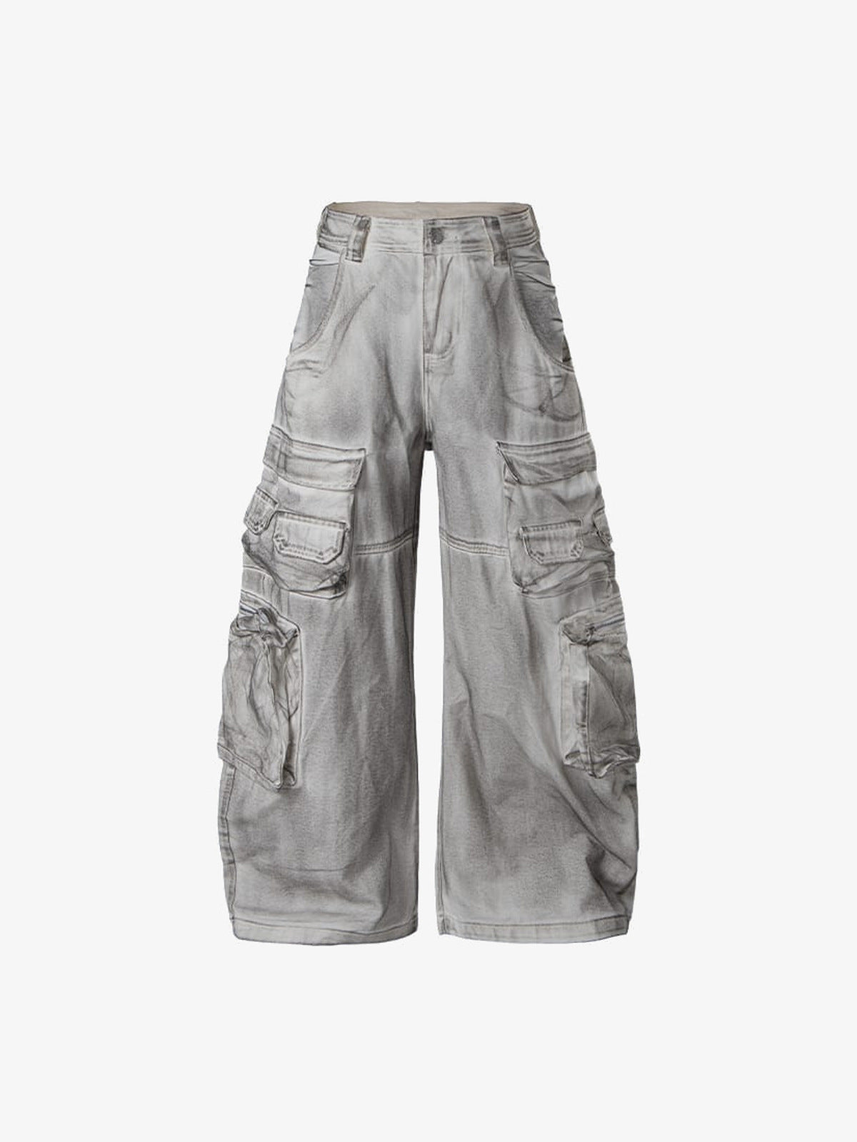 Jeans cargo de pierna ancha con efecto lavado y bolsillos de fuelle – Gris lavado, frente en plano | XoKool