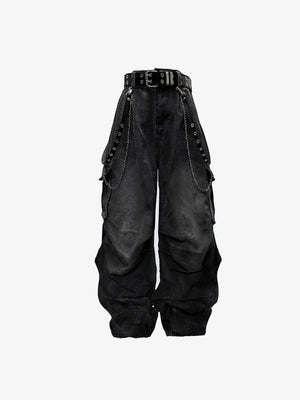 Washed Y2K Cargo Pants with Belt and Chain – Washed Black, front flat with belt | XoKool