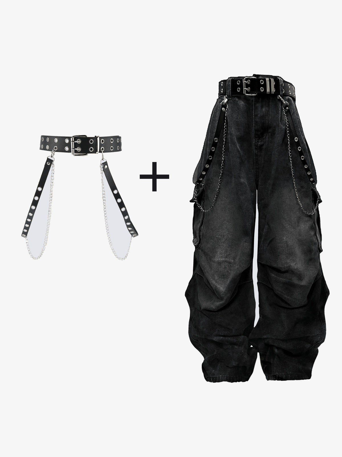 Y2K cargo pants – Washed Black, pants plus belt and chain set | XoKool