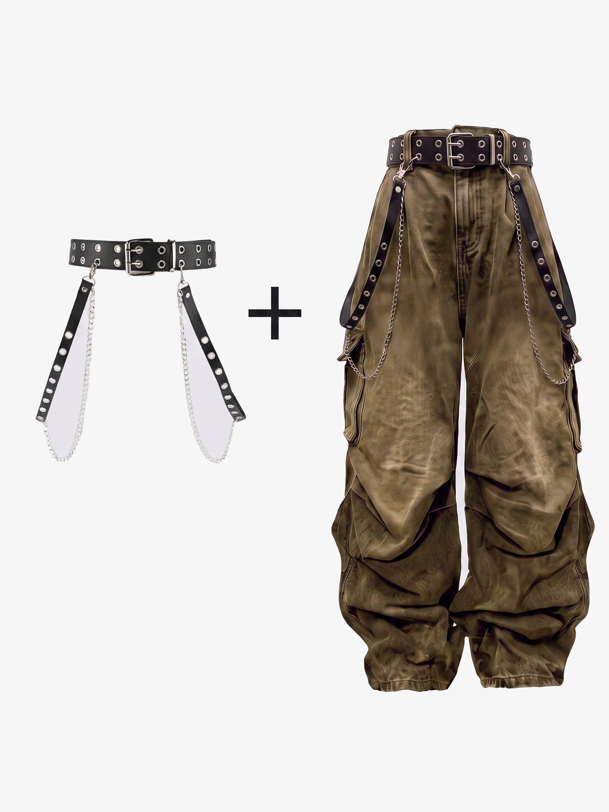 Y2K cargo pants – Washed Brown, pants plus belt and chain set | XoKool