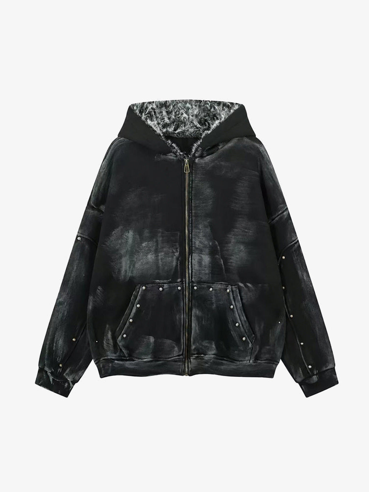 Washed Zip Hoodie mit Kunstfell-Kapuze – Schwarz, Vorderansicht | XoKool