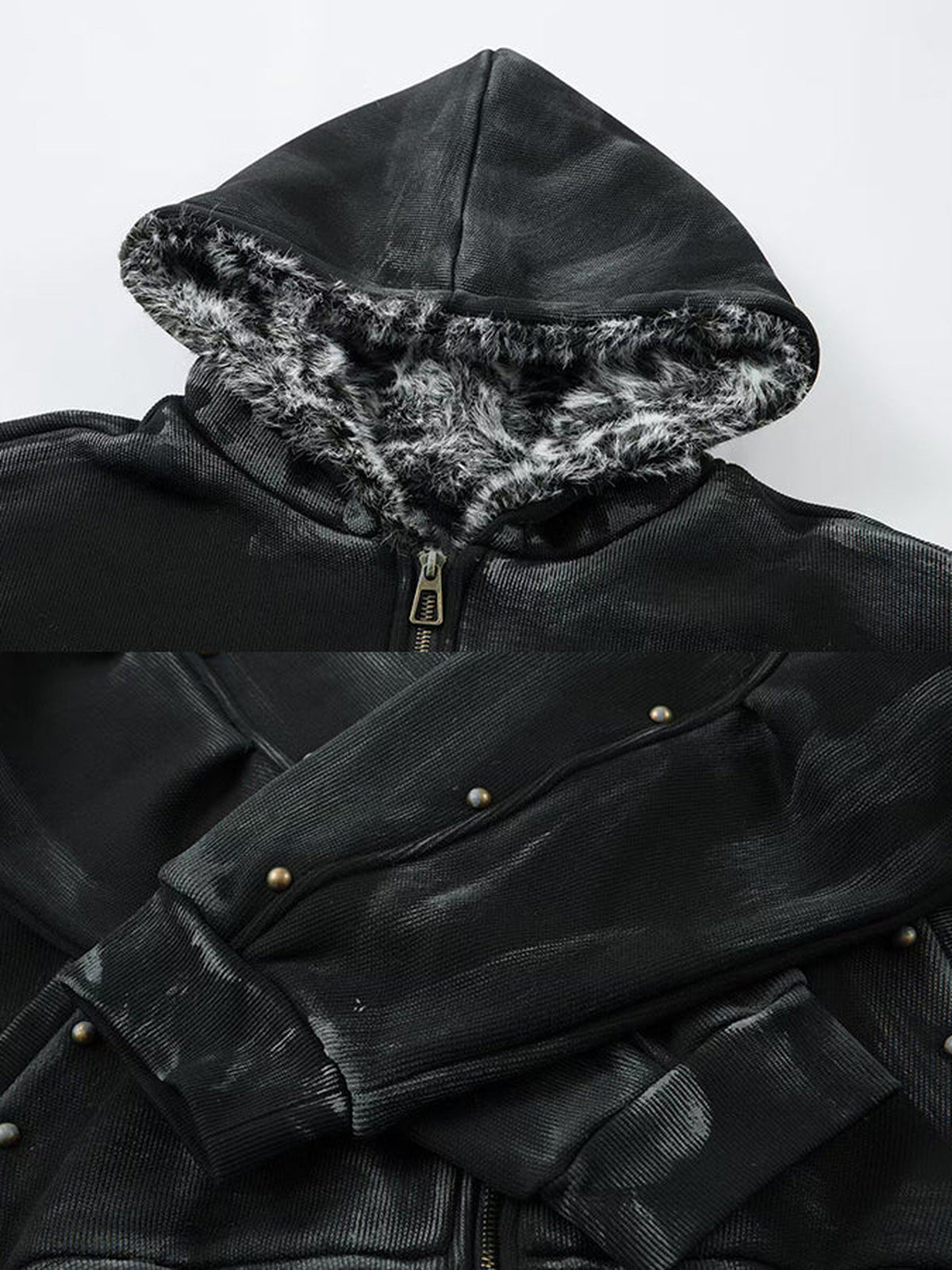 Washed Zip Hoodie – Schwarz, Kapuze mit Fellfutter und Nieten am Ärmel, Nahaufnahme | XoKool