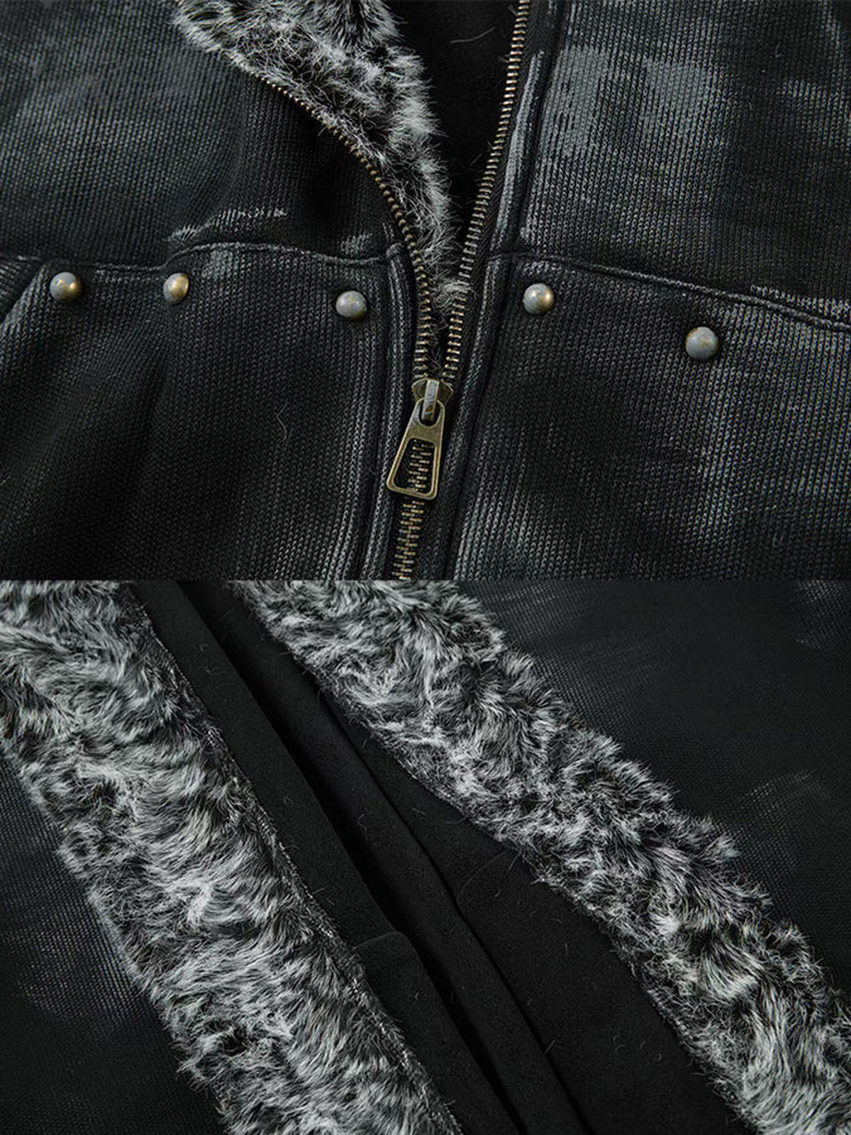 Washed Zip Hoodie – Schwarz, Reißverschluss, Nieten und Kunstfellfutter, Nahaufnahme | XoKool