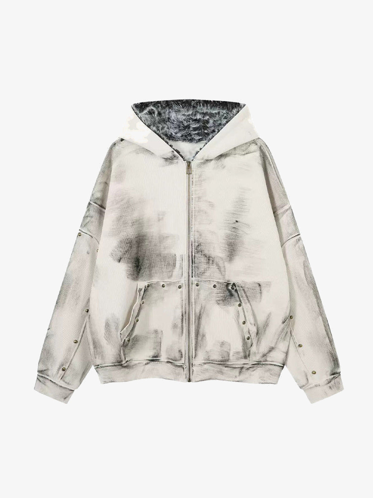 Washed Zip Hoodie mit Kunstfell-Kapuze – Creme, Vorderansicht | XoKool