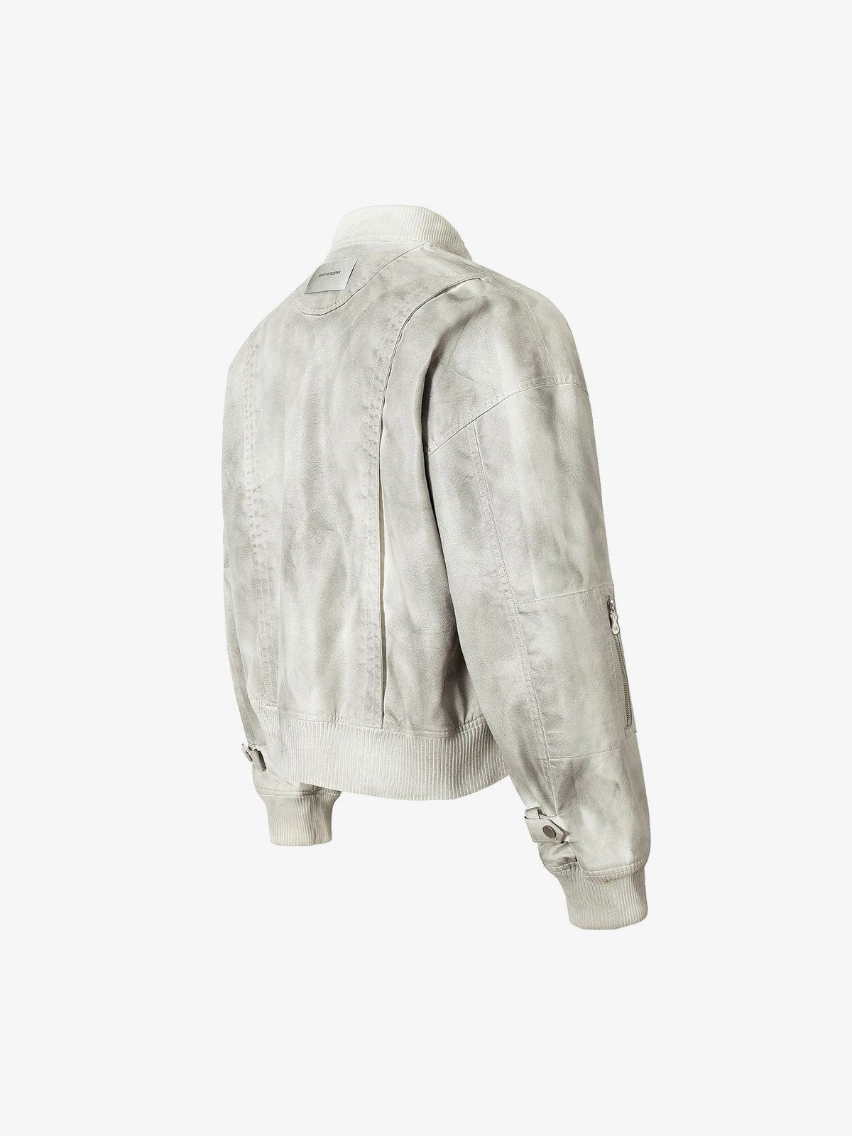 Off-White Distressed Bomberjacke aus Kunstleder – hintere Winkelansicht | XoKool
