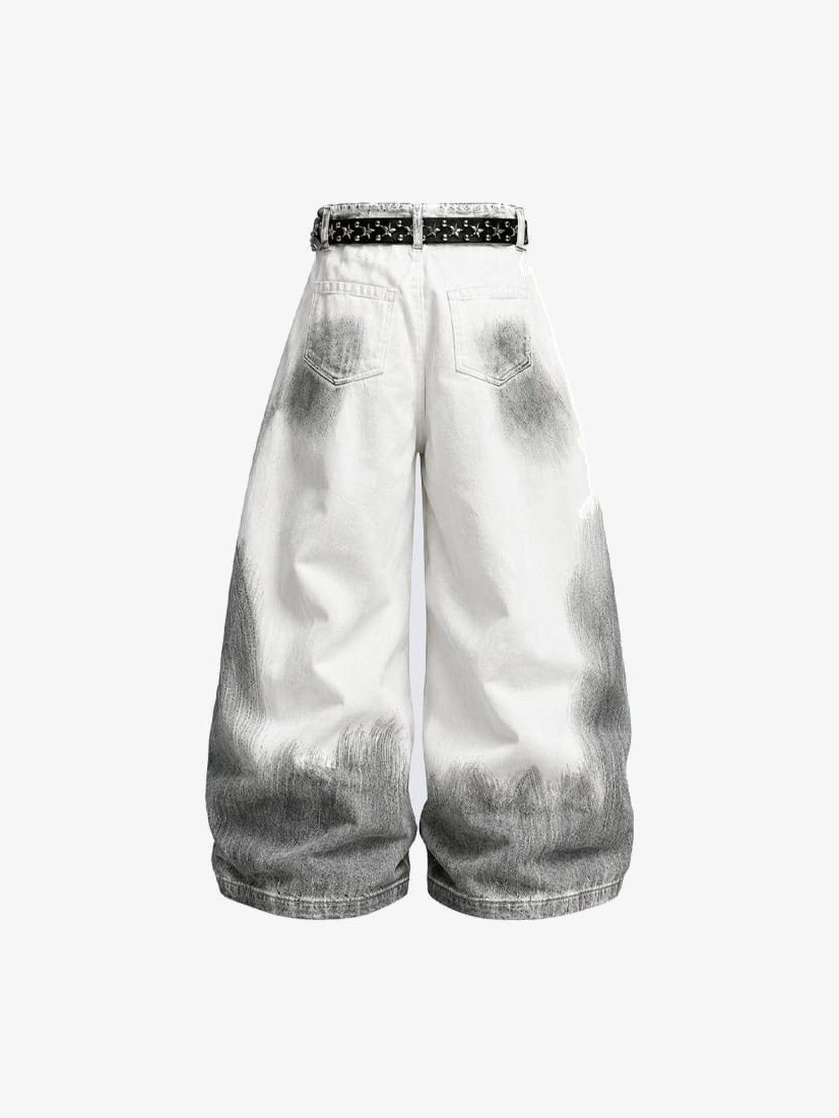 Weiße Baggy Jeans mit starken Rissen und grauem Fade – Rückansicht flach mit Gürtel | XoKool