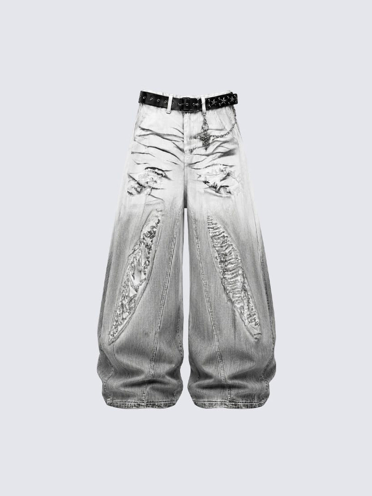 Jeans baggy blancos con rotos marcados y desvanecido gris – vista frontal plana con cinturón | XoKool