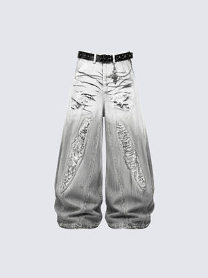 Weiße Baggy Jeans mit starken Rissen und grauem Fade – Vorderansicht flach mit Gürtel | XoKool