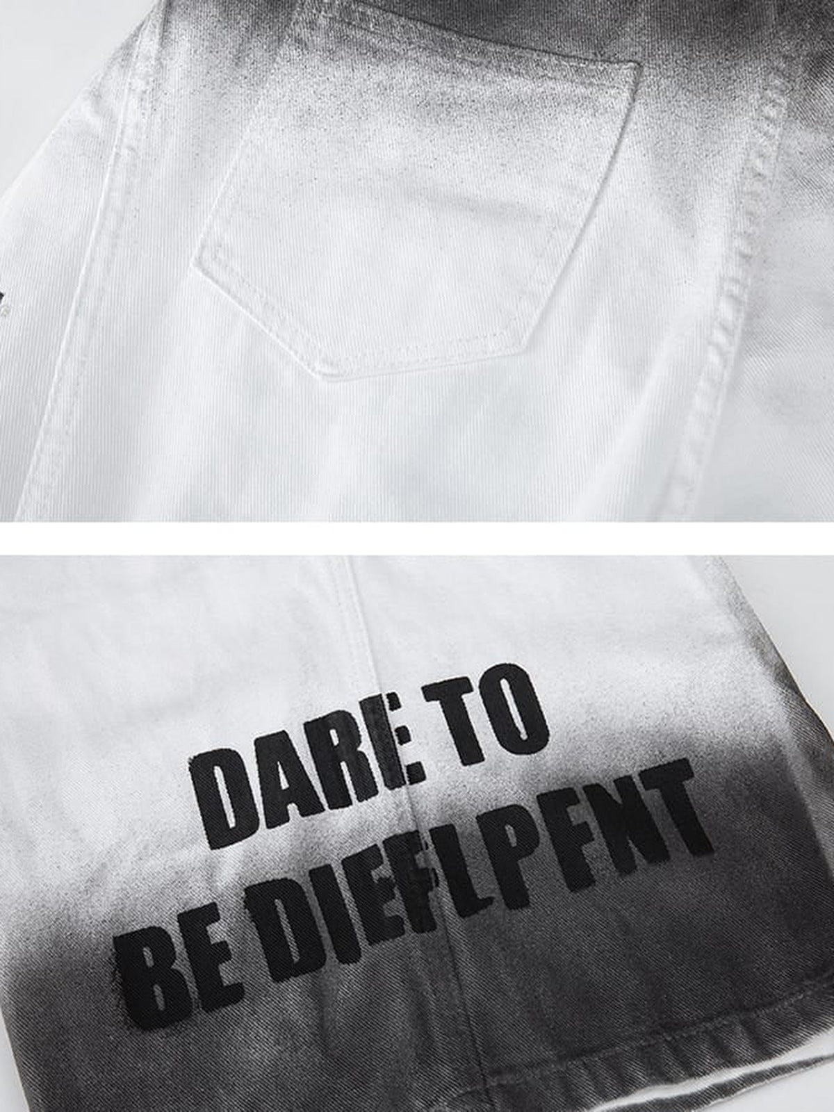 White Ombre Baggy Jeans – Gesäßtasche und Slogan-Print im Detail | XoKool