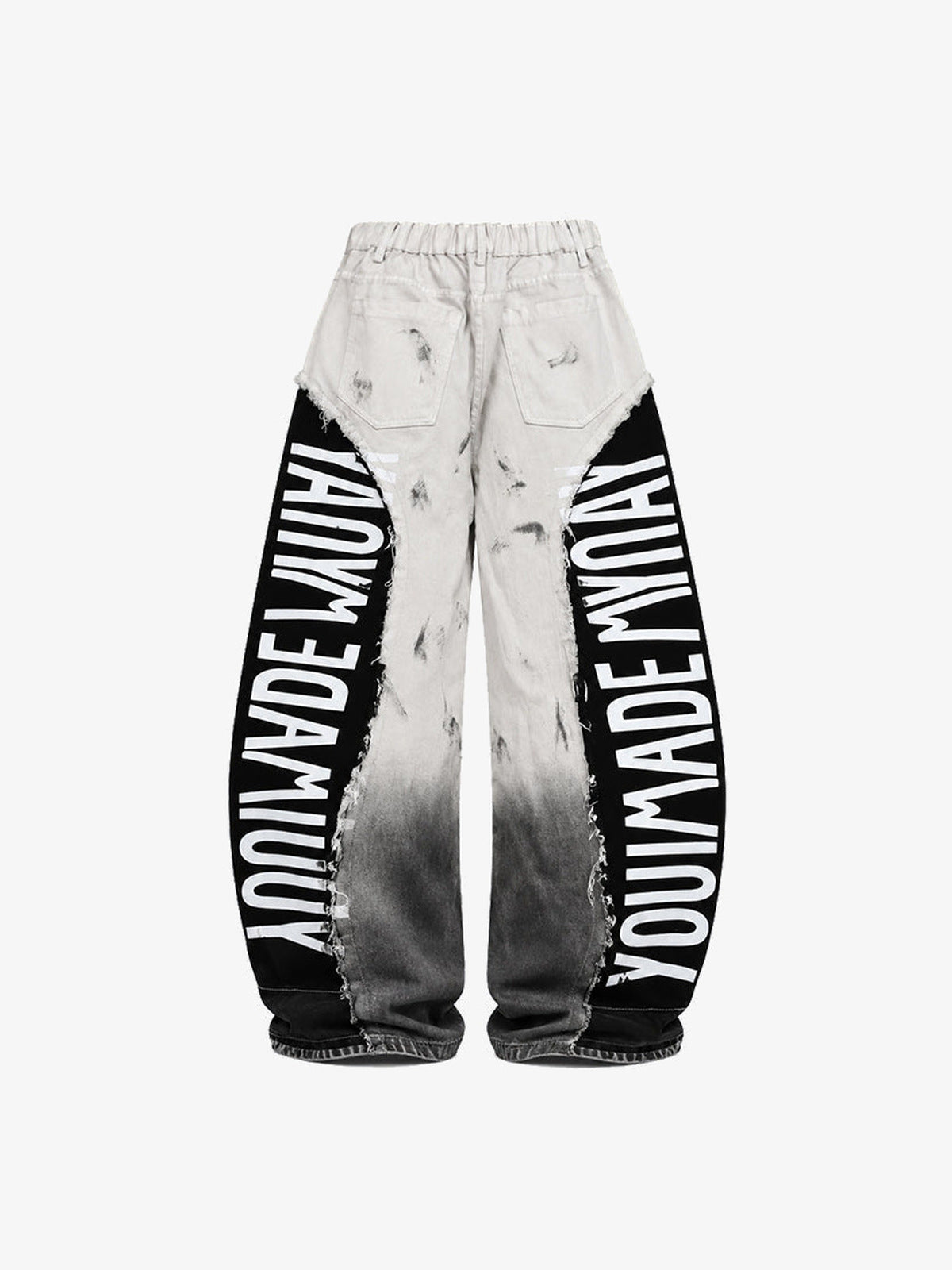 Weiße Barrel Jeans mit schwarzen Schriftzug-Einsätzen – Rückseite flach | XoKool