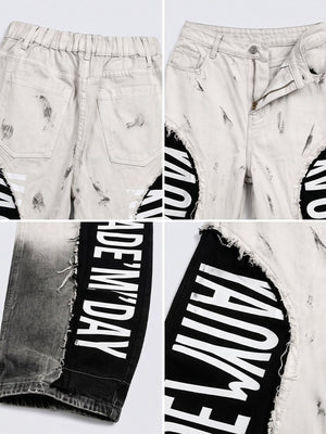 Weiße Barrel Jeans – Detail-Collage: elastischer Rückenbund, Hosenschlitz, Farbverlauf am Saum, Schriftzug-Einsatz | XoKool