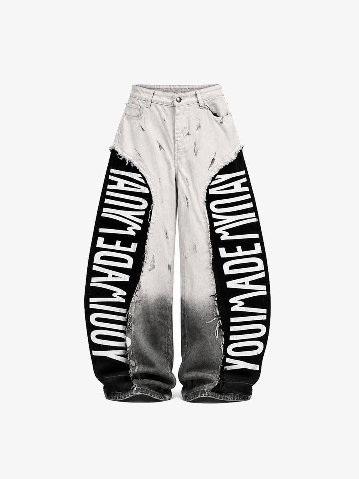Weiße Barrel Jeans mit schwarzen Schriftzug-Einsätzen – Vorderseite flach | XoKool