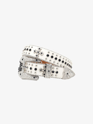 White Rhinestone Studded Belt with Cross Conchos – White belt coiled, buckle and cross close view | XoKool
