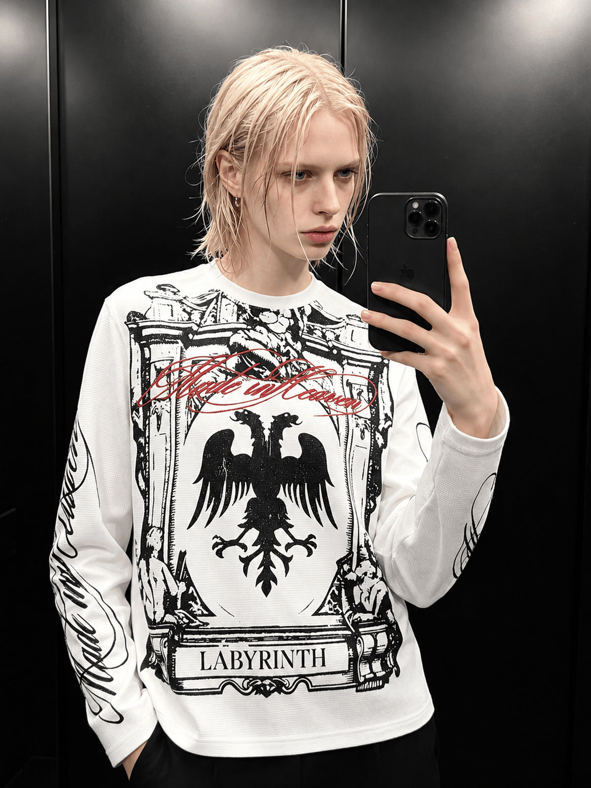 White Waffle Knit Long Sleeve Eagle Graphic Tee – mirror selfie on model | XoKool