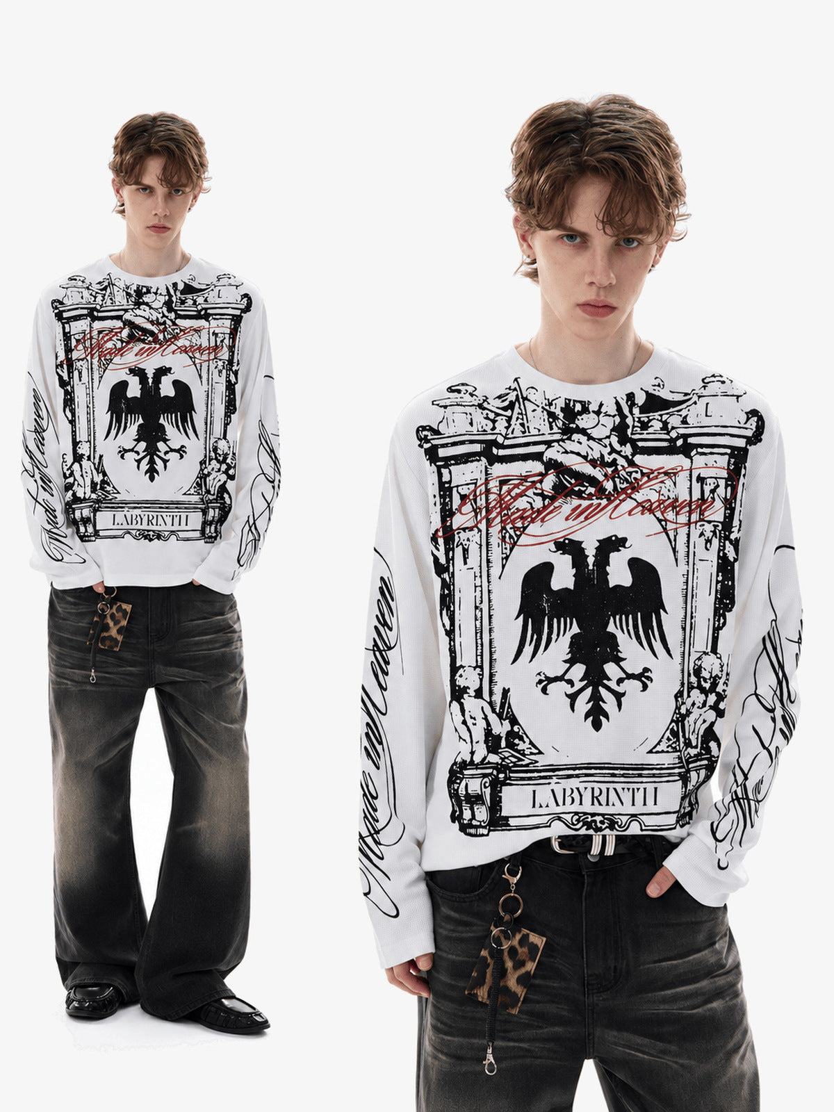 White Waffle Knit Long Sleeve Eagle Graphic Tee – two models front | XoKool