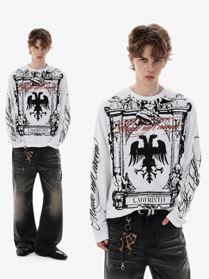 White Waffle Knit Long Sleeve Eagle Graphic Tee – two models front | XoKool