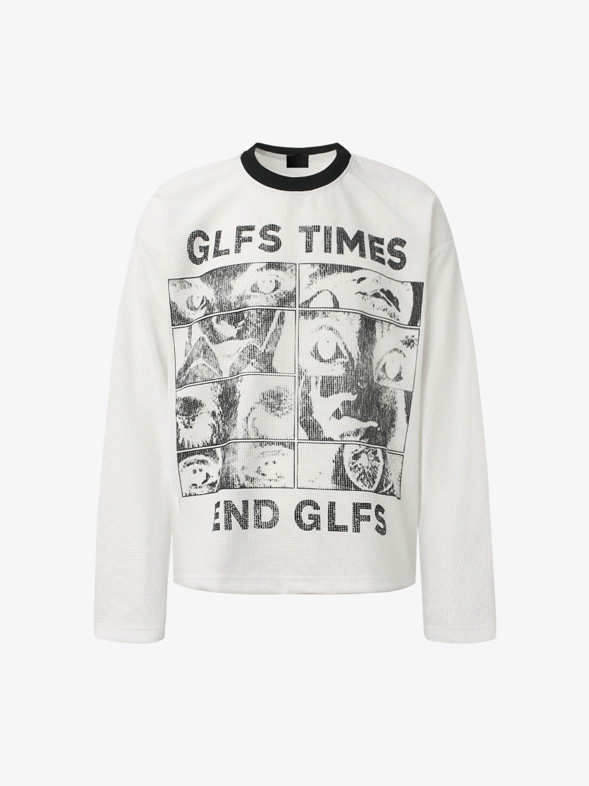 White Waffle Knit Long Sleeve with Photo Grid Print – White, front view | XoKool