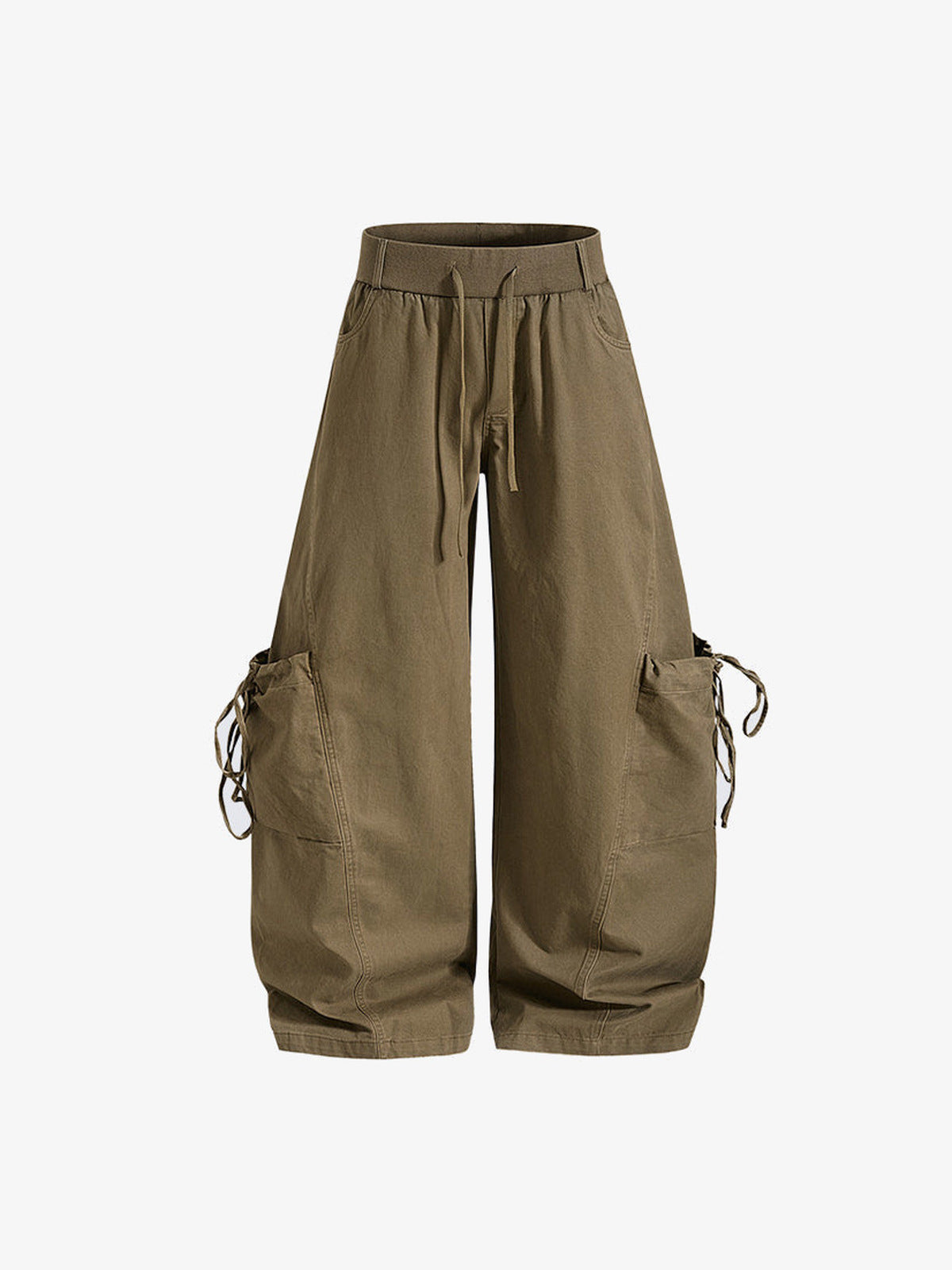 Wide Leg Ballon Cargohose mit Bindetaschen – Khaki, Vorderansicht | XoKool