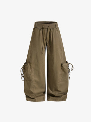 Wide Leg Ballon Cargohose mit Bindetaschen – Khaki, Vorderansicht | XoKool