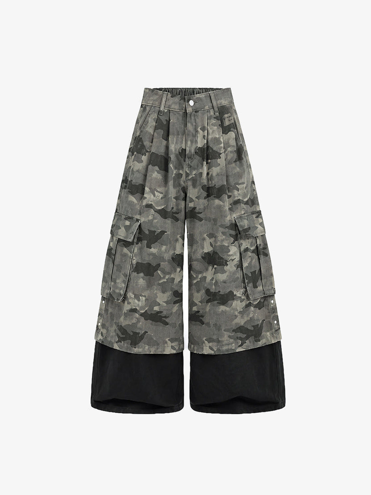 Wide Leg Camo Hose mit schwarzem Saumeinsatz – Camo, Vorderseite flach | XoKool