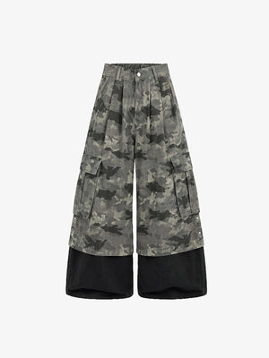 Pantalones de camuflaje de pierna ancha con panel negro en el bajo – Camuflaje, vista frontal plana | XoKool